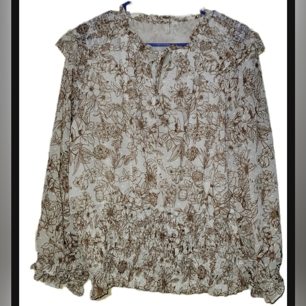 Cato Flowy White Gold Floral Peasant Chiffon Longsleeve Milkmaid Size Xl Blouse